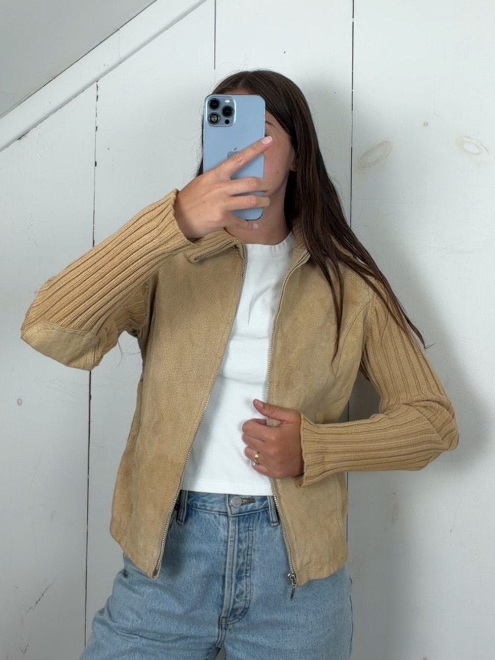 Y2K Massini Tan Suede Leather Knit Sweater Cardigan Zip Up Jacket Women’s Medium